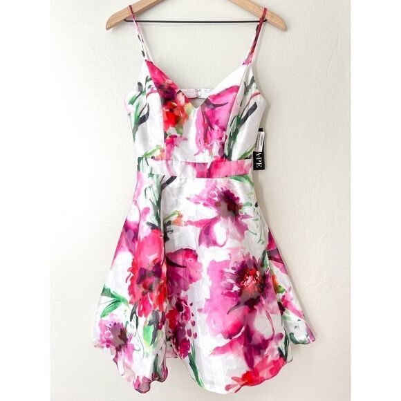 Xscape Floral Print Spaghetti Strap Open Back Mini Dress 2 - Picture 1 of 6